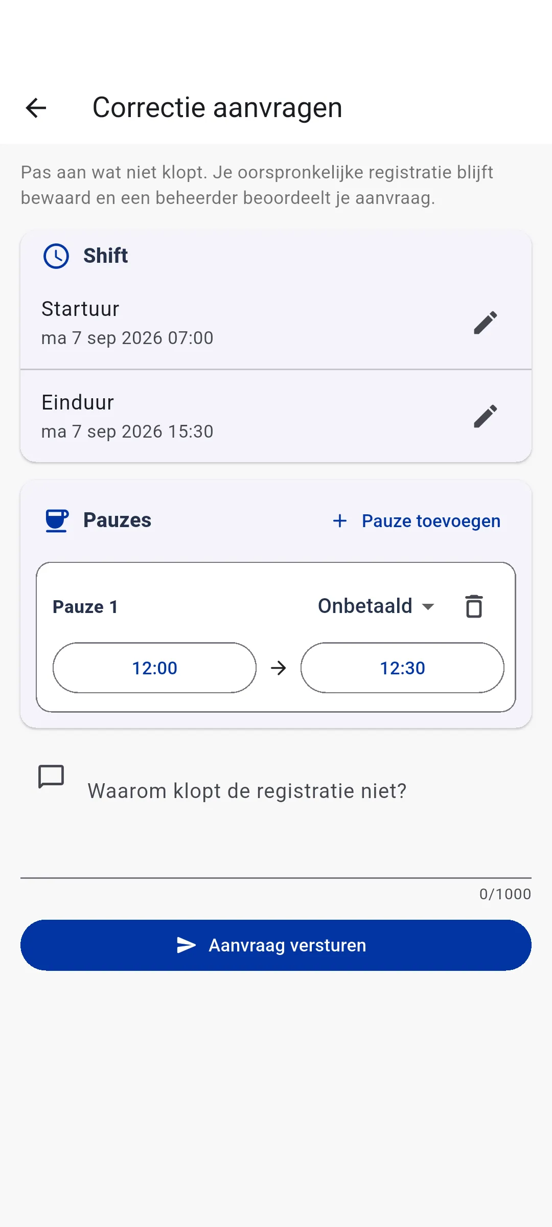 App — Een correctie van werkuren aanvragen