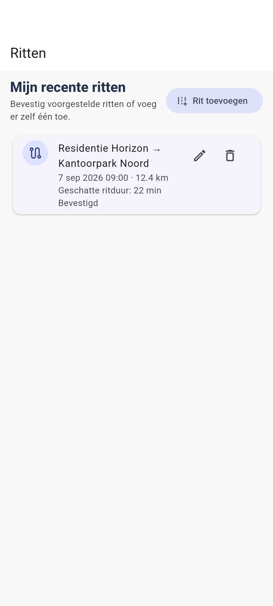 App — Een rit met afstand en geschatte duur